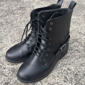 Olivia & Kate Leanna-13L Women's Black Combat Boots Size 10 Faux Leather Lace Up
